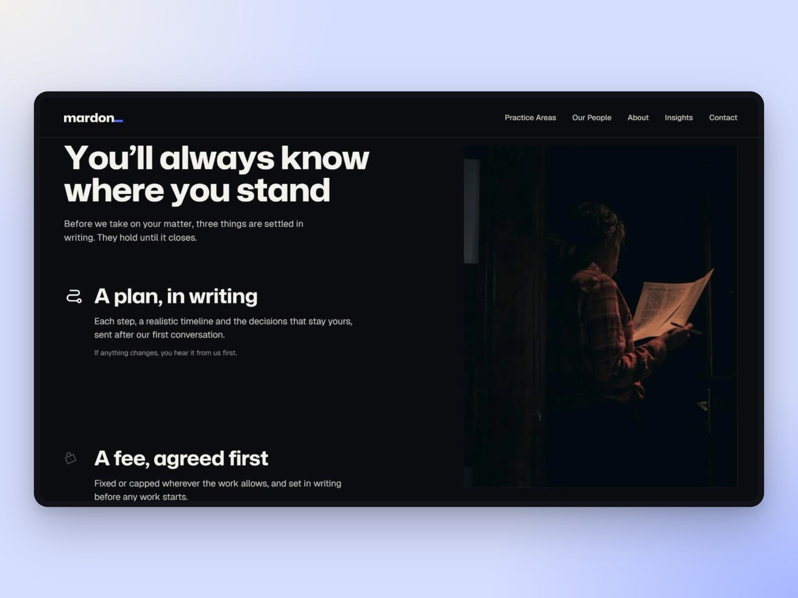 Mardon template “You’ll always know where you stand” section, with a plan, a fee and one lawyer set out in writing