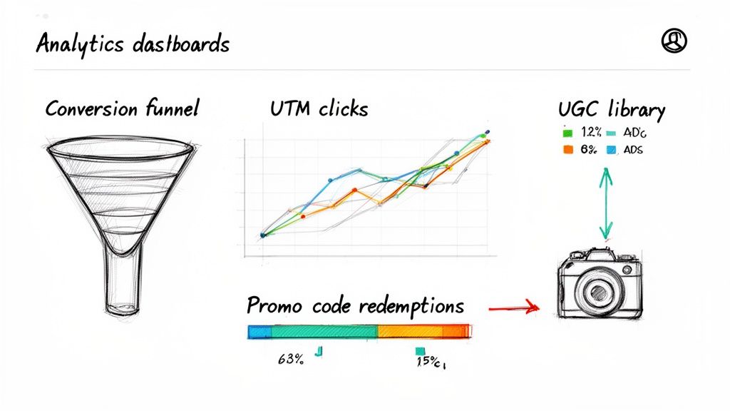 Sketchy analytics dashboards showcasing conversion funnels, UTM clicks, promo code redemptions, and UGC library.