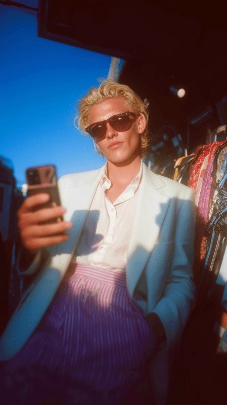 Person in a white blazer holding a smartphone against a clear blue sky.