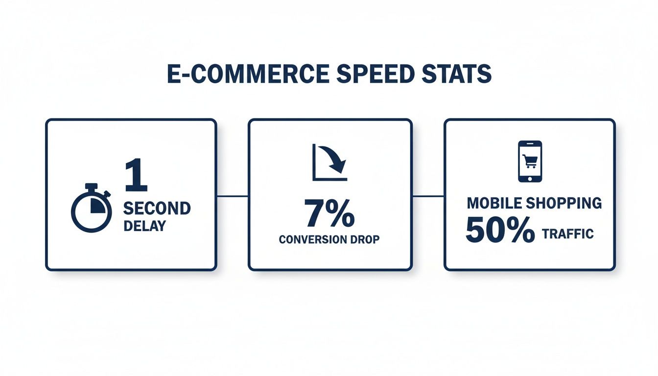 E-commerce speed statistics showing a 1-second delay causes a 7% conversion drop, with 50% traffic from mobile shopping.