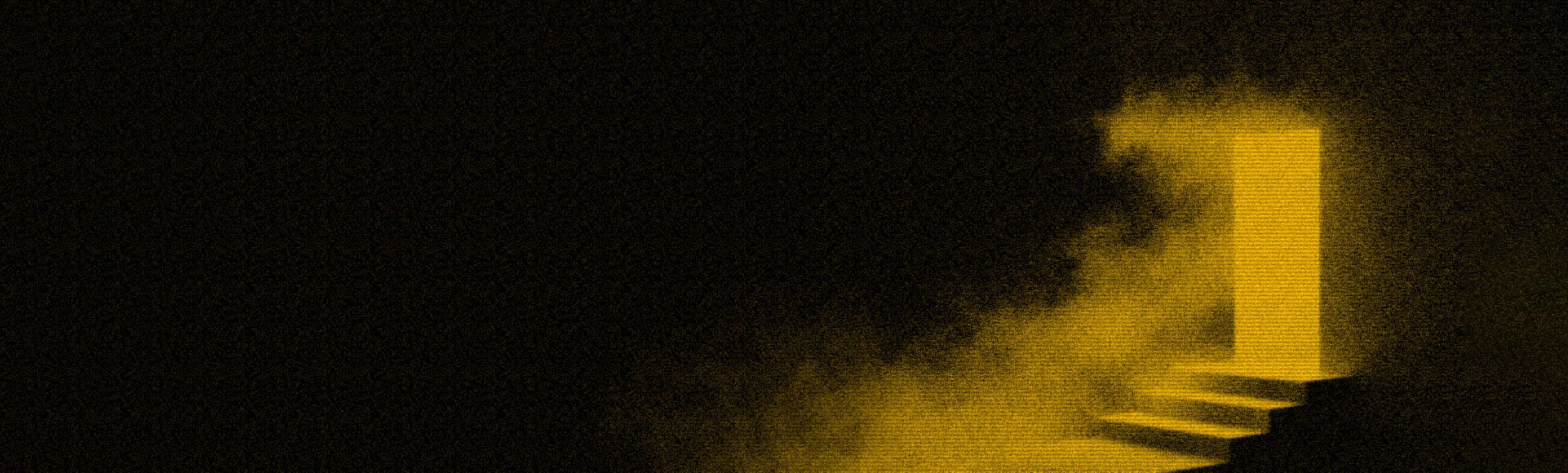 A glowing doorway with stairs emerging from golden mist in darkness — an invitation to enter