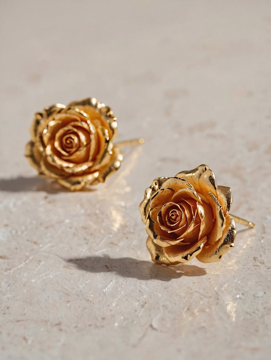 Elegant gold rose-shaped earrings with intricate petal details, displayed on a light beige textured surface under soft lighting.