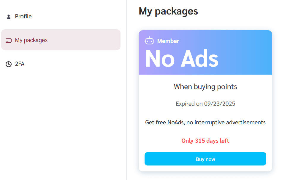 Dashboard page showing 'My packages' section with a 'No Ads' package card for members. It shows an expiration date, a 'Only 315 days left' message in red, and a 'Buy now' button.
