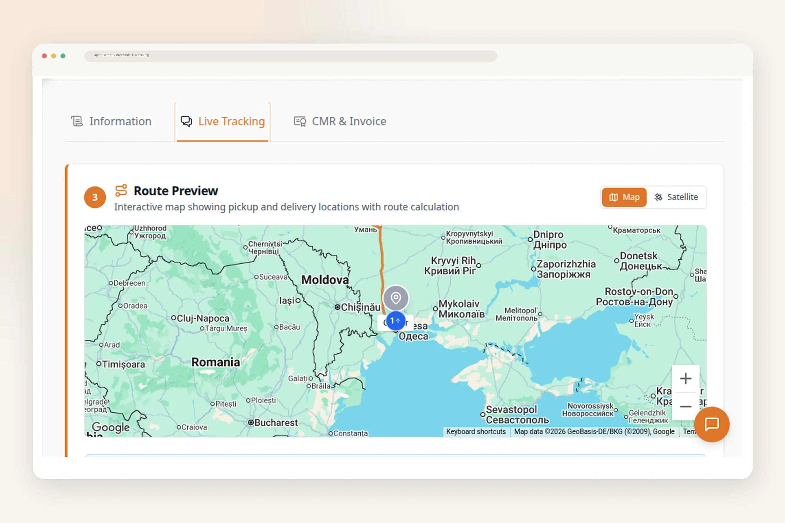 Real Auto Lift live tracking route map