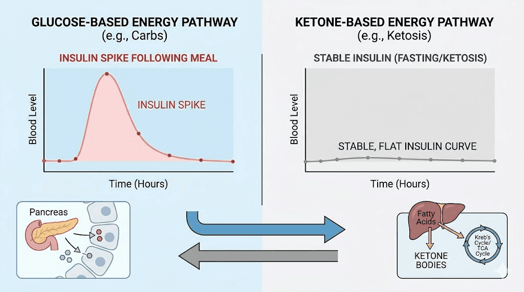 Comparison of glucose versus ketone energy pathways on keto and semaglutide combination