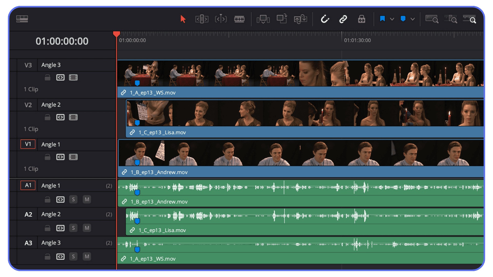 Multicam video editing timeline showing multiple camera angles and synced audio tracks
