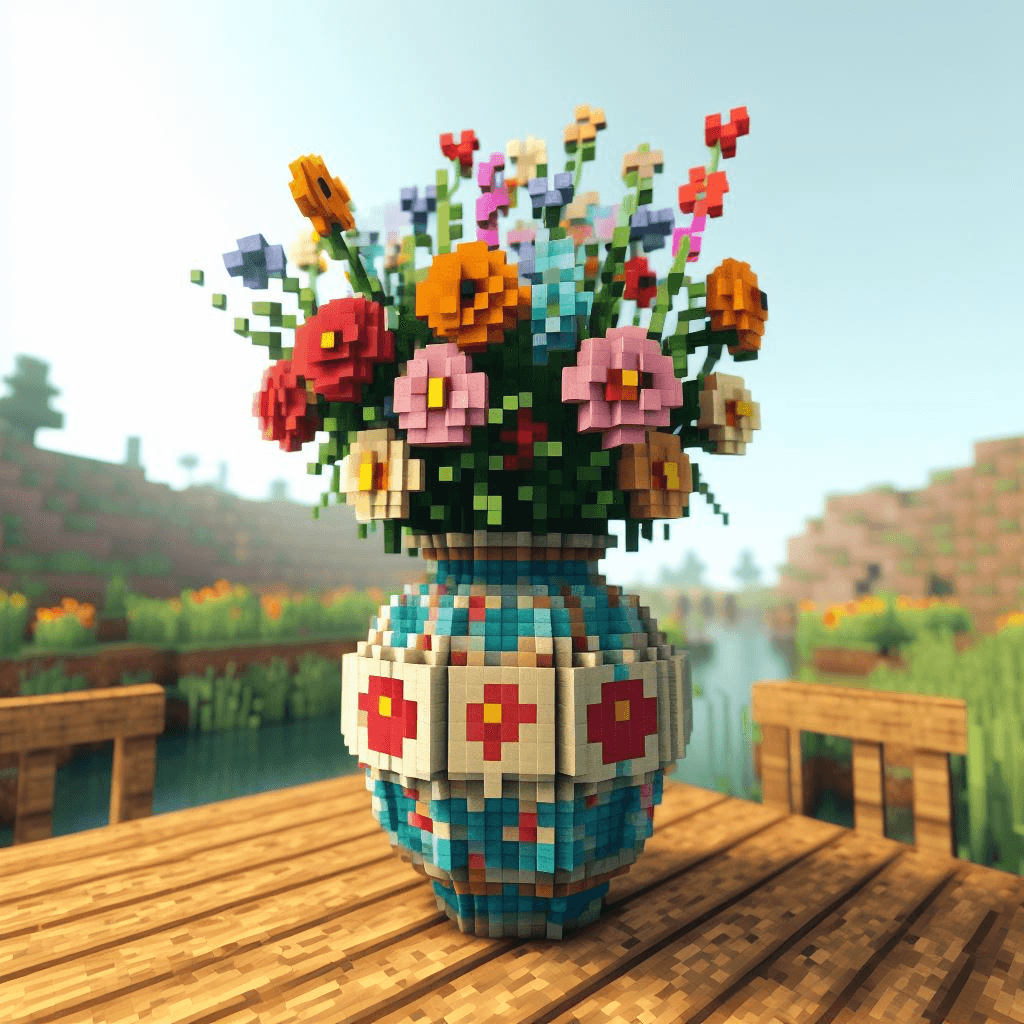 Vase of flowers designed in Minecraft block style, featuring pixelated blocks arranged to form a colorful bouquet with a blocky, geometric aesthetic.