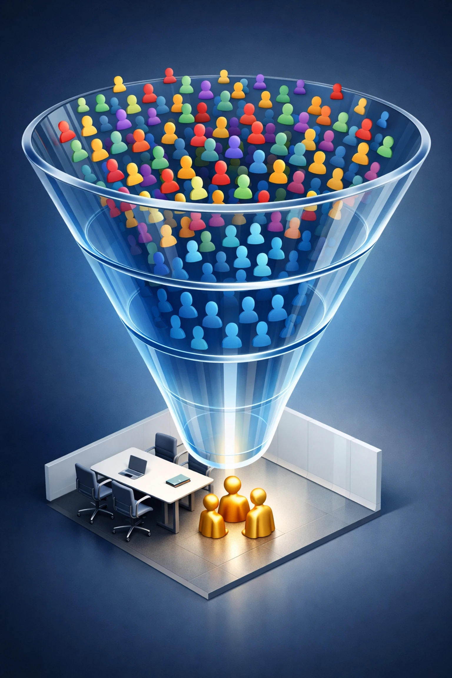 Lead generation funnel showing high-intent prospect filtering from many clicks to qualified consultant bookings