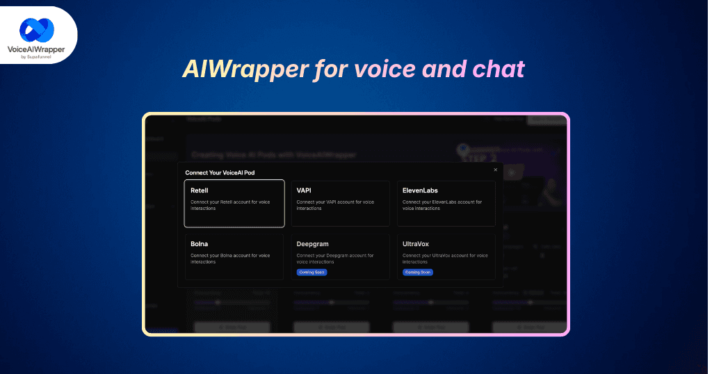 Hero with Vapi Retell ElevenLabs Bolna Ultravox under your brand, branded portals with Stripe billing analytics, and full margin retention | VoiceAIWrapper.