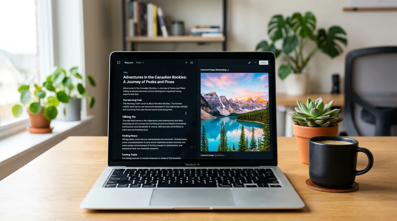 A laptop screen showing a blog editor where a professional image is generated inline within the writing platform.