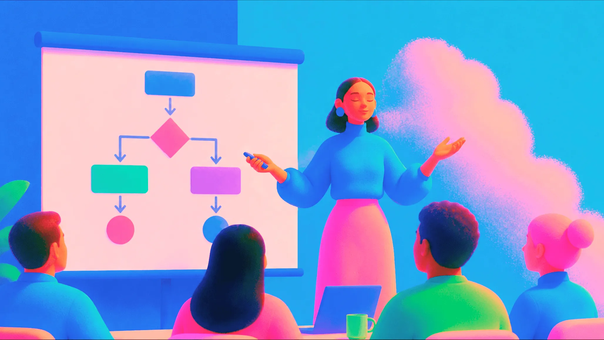 Illustrated woman presenting a flowchart diagram to an audience