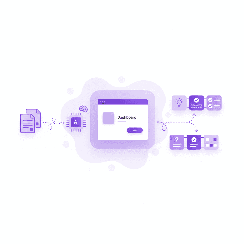Penseum dashboard screenshot showing uploaded course material automatically converted into interactive flashcards and step-by-step quizzes