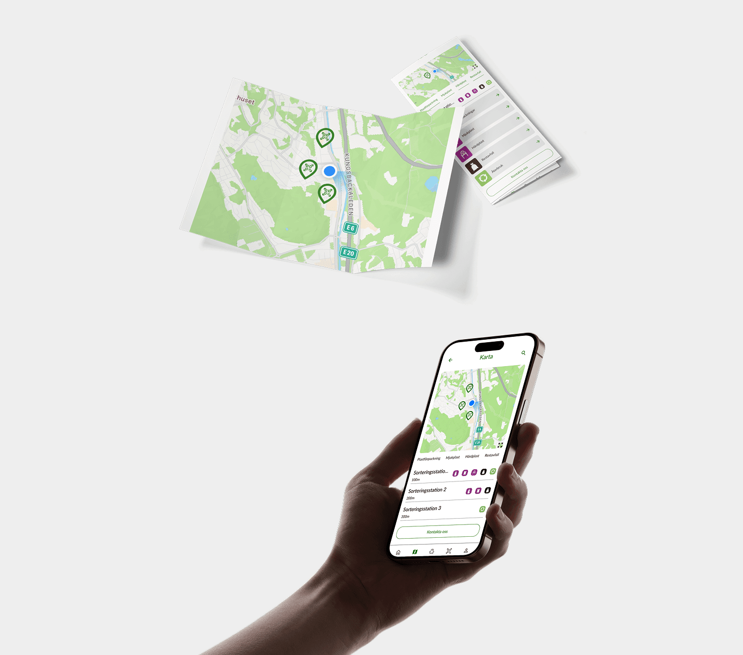A smartphone, held in a hand, displays the same map with location markers and a list of sorting stations, suggesting an interactive navigation or waste management app.