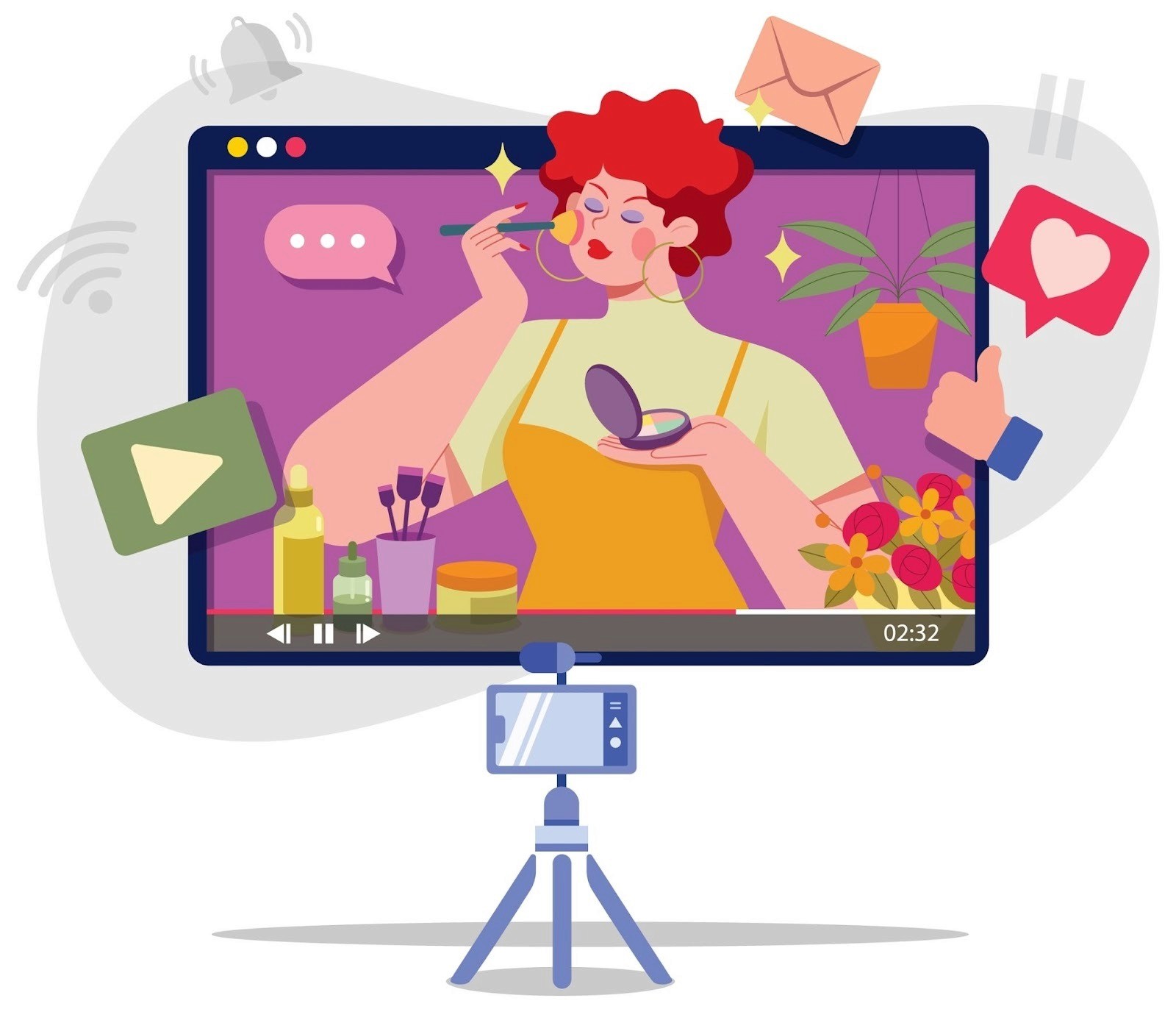 Beauty influencer filming makeup tutorial with likes, notifications, and social media engagement icons