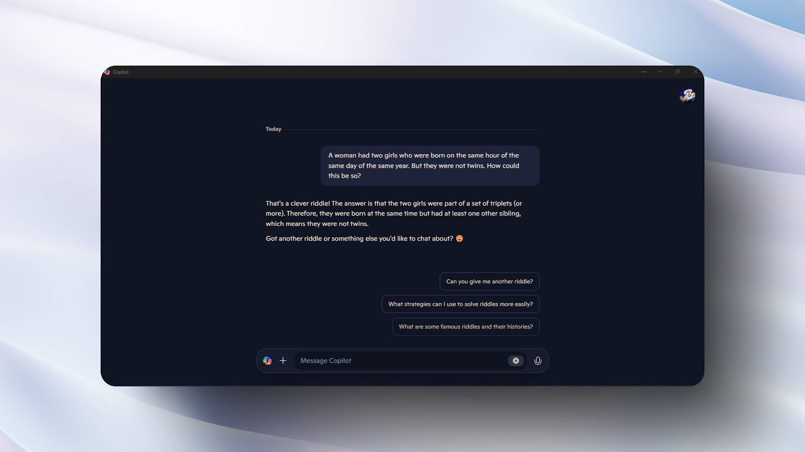 screenshot of Copilot AI chat interface with a dark theme, answering a riddle about two girls born at the same time but not twins, suggesting triplets