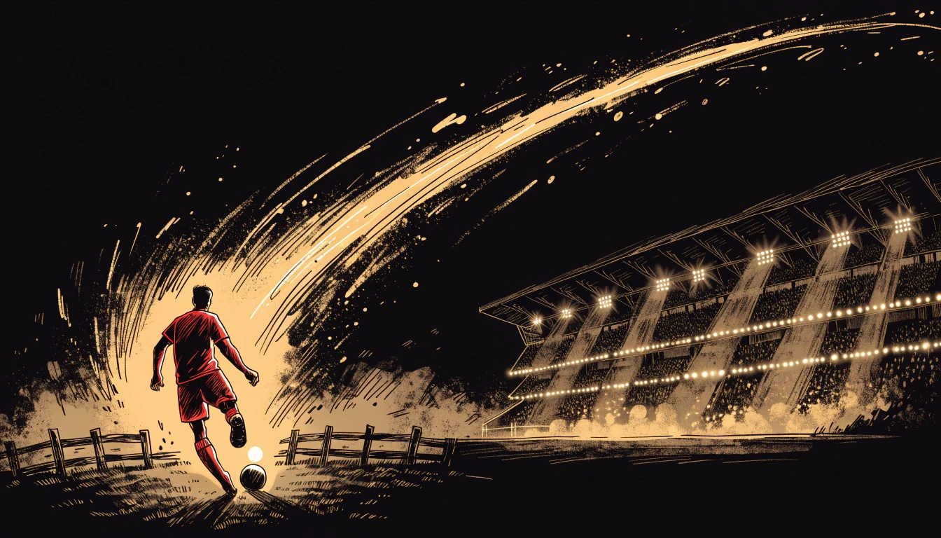 Illustration of a faceless striker in a plain red kit, seen from behind, striking a glowing golden ball as a trail of gold light sweeps from a small local pitch towards a floodlit stadium