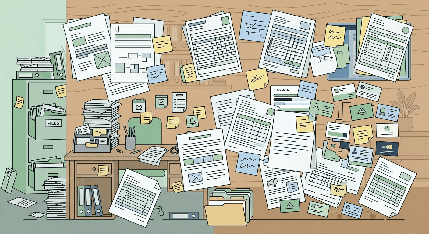 Paper clutter with forms, notes, and business cards causing inefficiency without Habsy Lead Capture