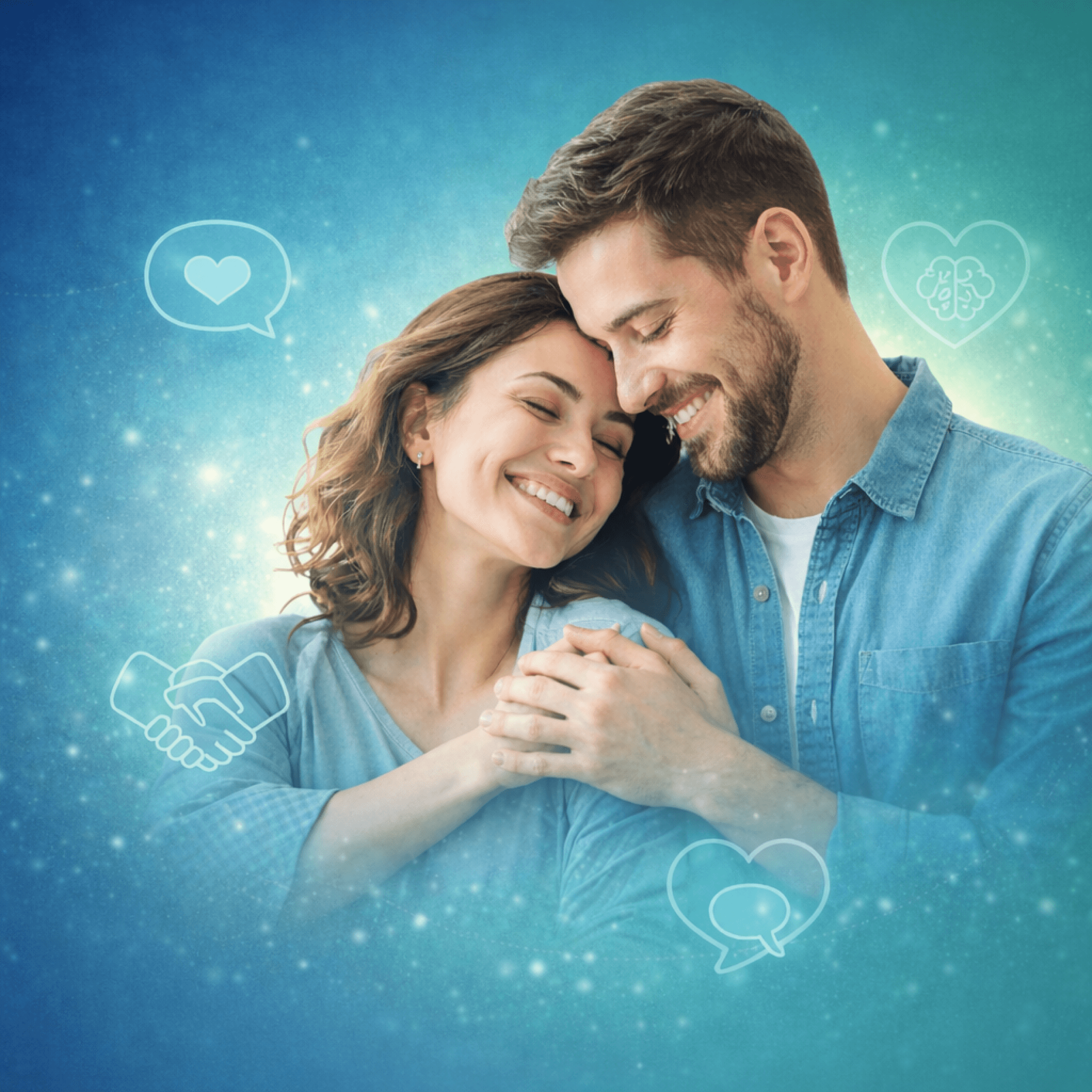 Header image for trustedcommitment.com showing a smiling, affectionate couple surrounded by glowing icons representing emotional intelligence, healthy communication, empathy, and strong relationship bonds.