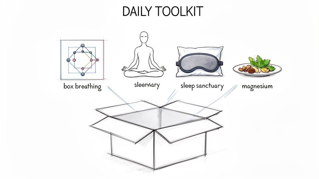 Illustration of a daily toolkit: box breathing, meditation, sleep sanctuary with a mask, and magnesium-rich food.