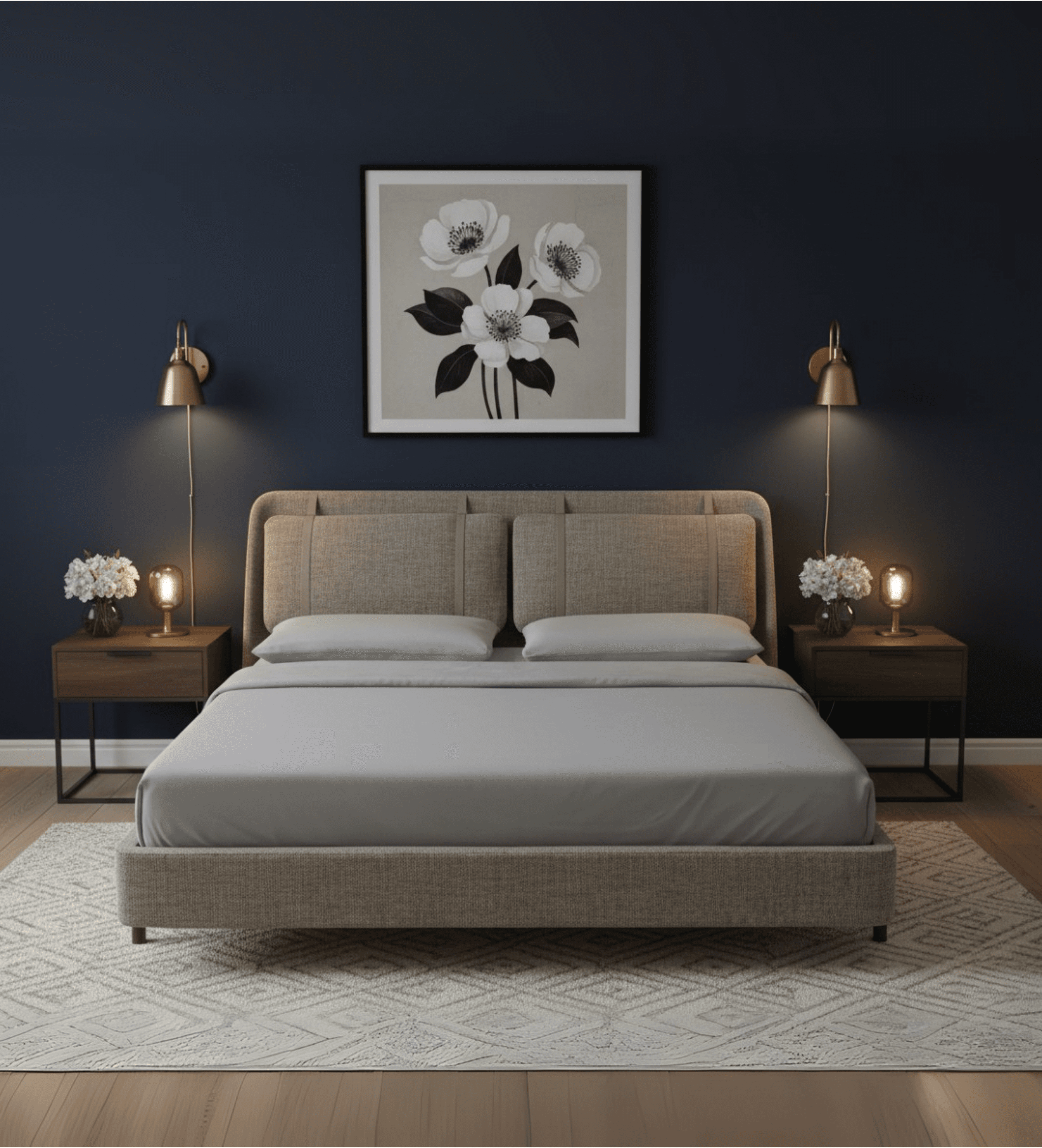 Thick cushioned bed with structured modern design.