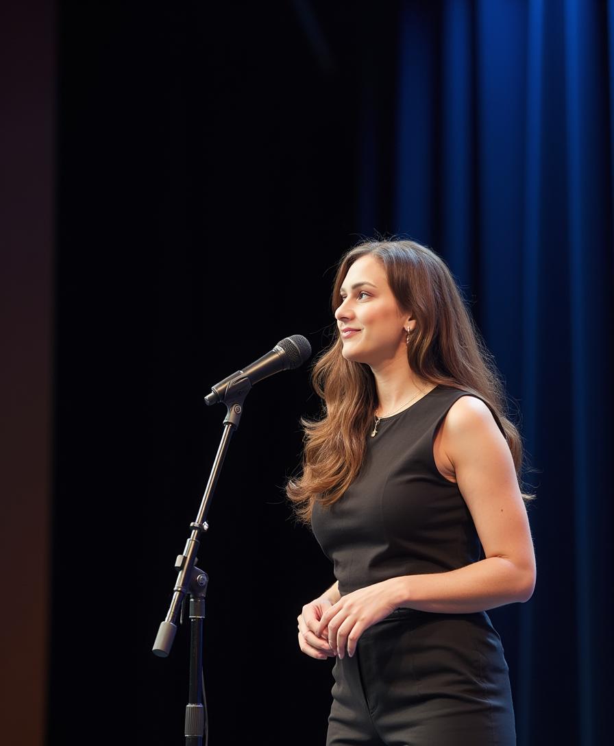 Ashley Gross speaking on stage with a microphone