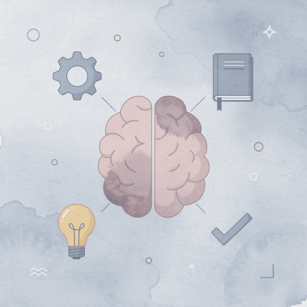 Hub diagram showing brain at center connected to four core childhood learning skills