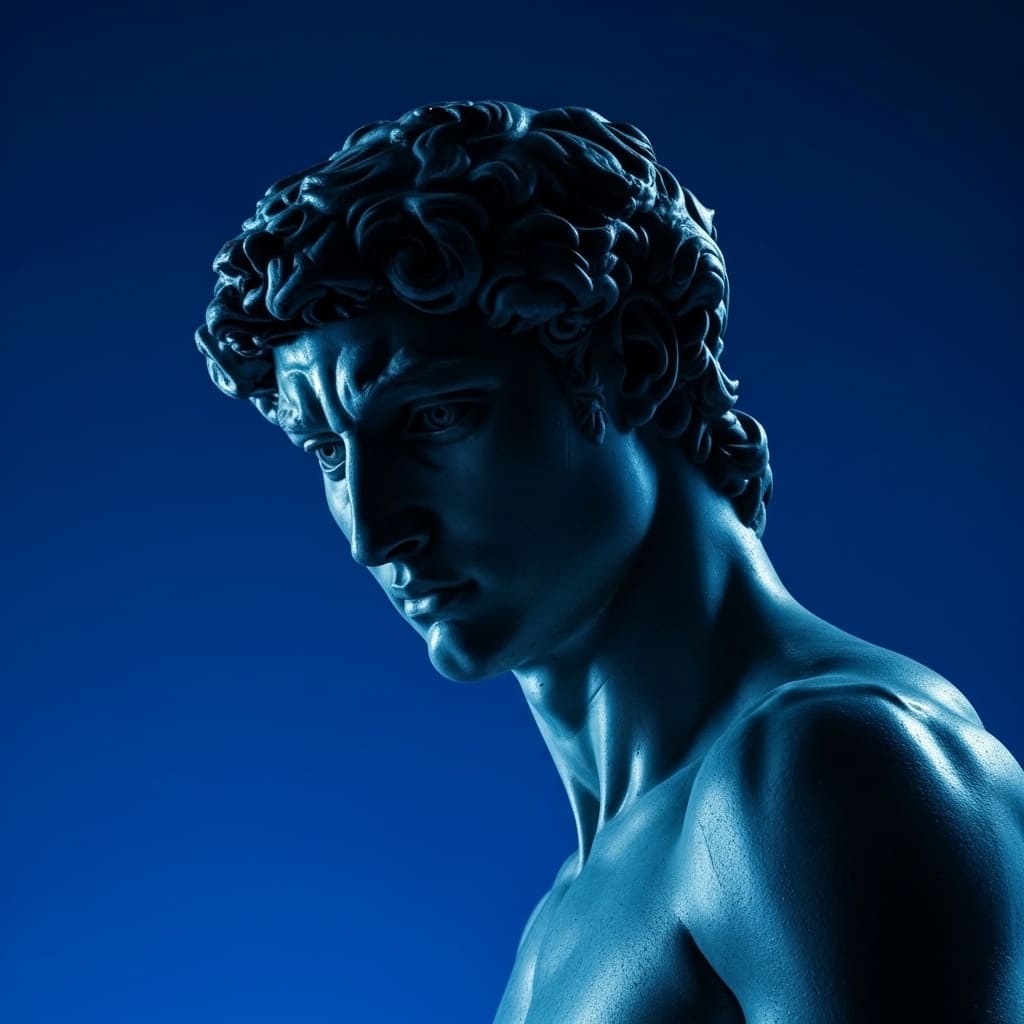 Close-up of the famous David statue, with a blue-toned lighting highlighting the details of the face and hair.