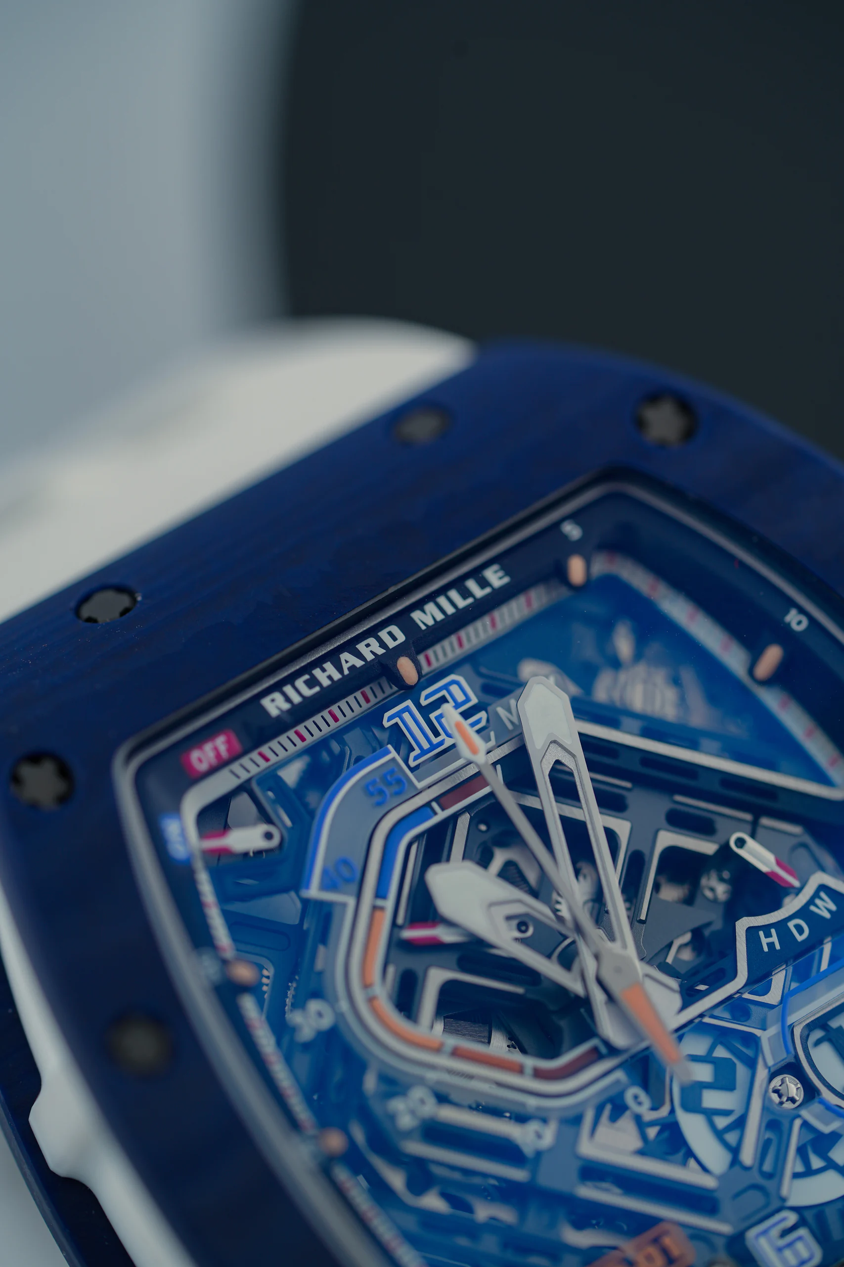 Detail of the Richard Mille RM 30-01 Blue Quartz TPT dial finishing