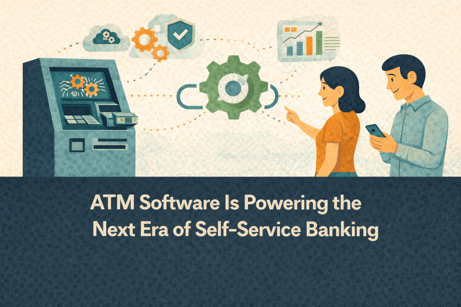 Flat-style digital illustration showing an ATM on the left with gears and software icons on its screen, symbolizing advanced ATM software. In the center, a large gear with circular arrows represents automation and system integration. On the right, two customers interact with the ATM—one pointing at the machine and the other using a smartphone. Above them are icons for cloud computing, security, and data analytics. The background is light beige with navy, teal, and orange tones, and a navy-blue bar at the bottom displays the blog title in bold white text: ‘ATM Software Is Powering the Next Era of Self-Service Banking’.