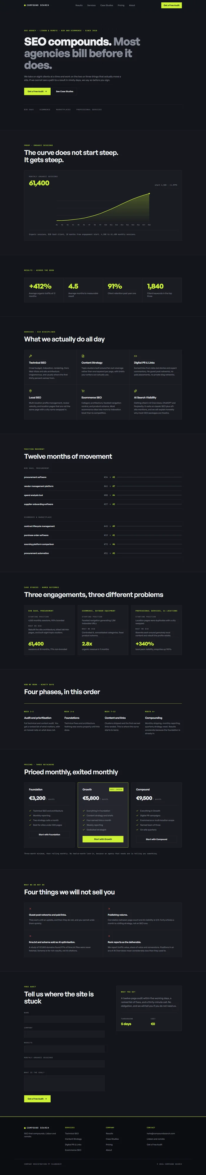 Full SEO agency website design: type hero, traffic chart, keyword ladder, case studies, pricing