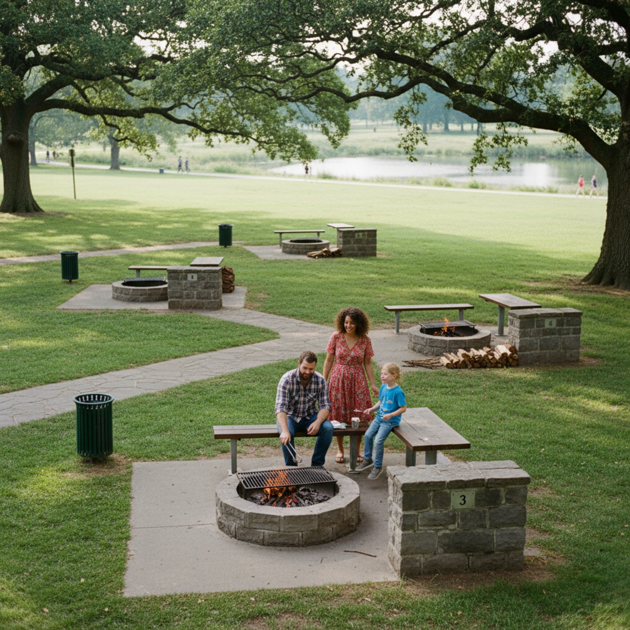 Mehrere nummerierte Grillstellen liegen locker verteilt in einem Park. Eine Familie nutzt eine Feuerstelle, zwei weitere Plätze sind sichtbar frei und sauber vorbereitet. Sonnenlicht setzt klare Kontraste, Bänke und Tische sind ordentlich ausgerichtet. Die Szene vermittelt Übersicht und Wahlfreiheit.