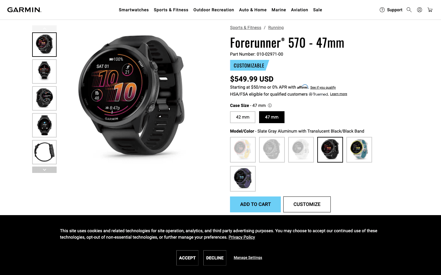 Garmin Forerunner 570 product page on garmin.com showing $549.99 price and running watch design