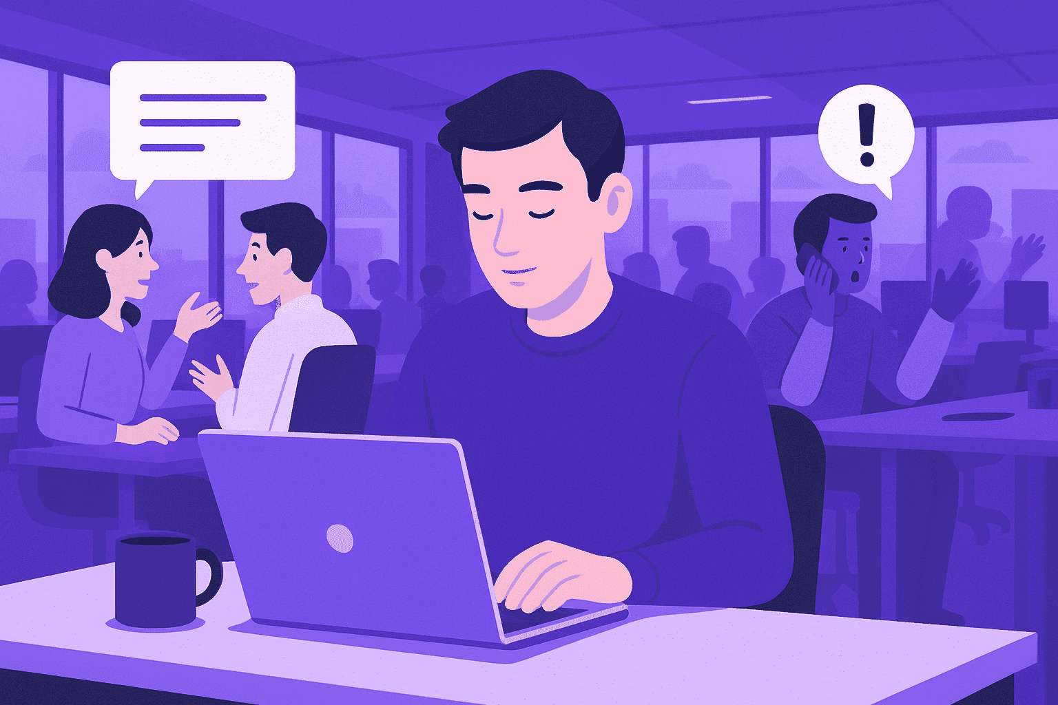 Flat-style digital illustration of a calm professional concentrating on a laptop in a busy open office, symbolizing focus and productivity despite workplace distractions.