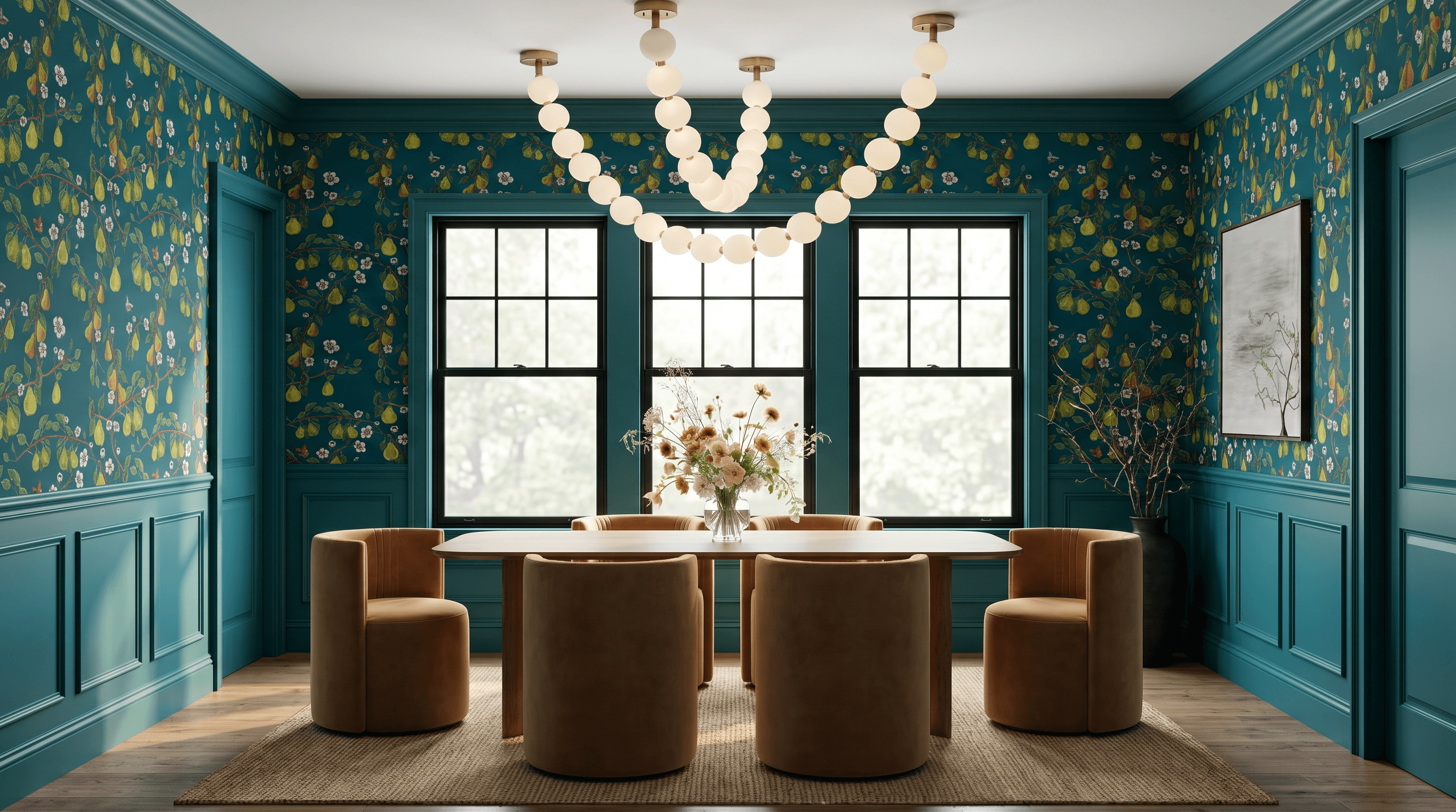 Dining room with teal peacock pear-and-bird botanical wallpaper above matching teal wainscoting, brown velvet chairs, a wood table, and a bubble chandelier
