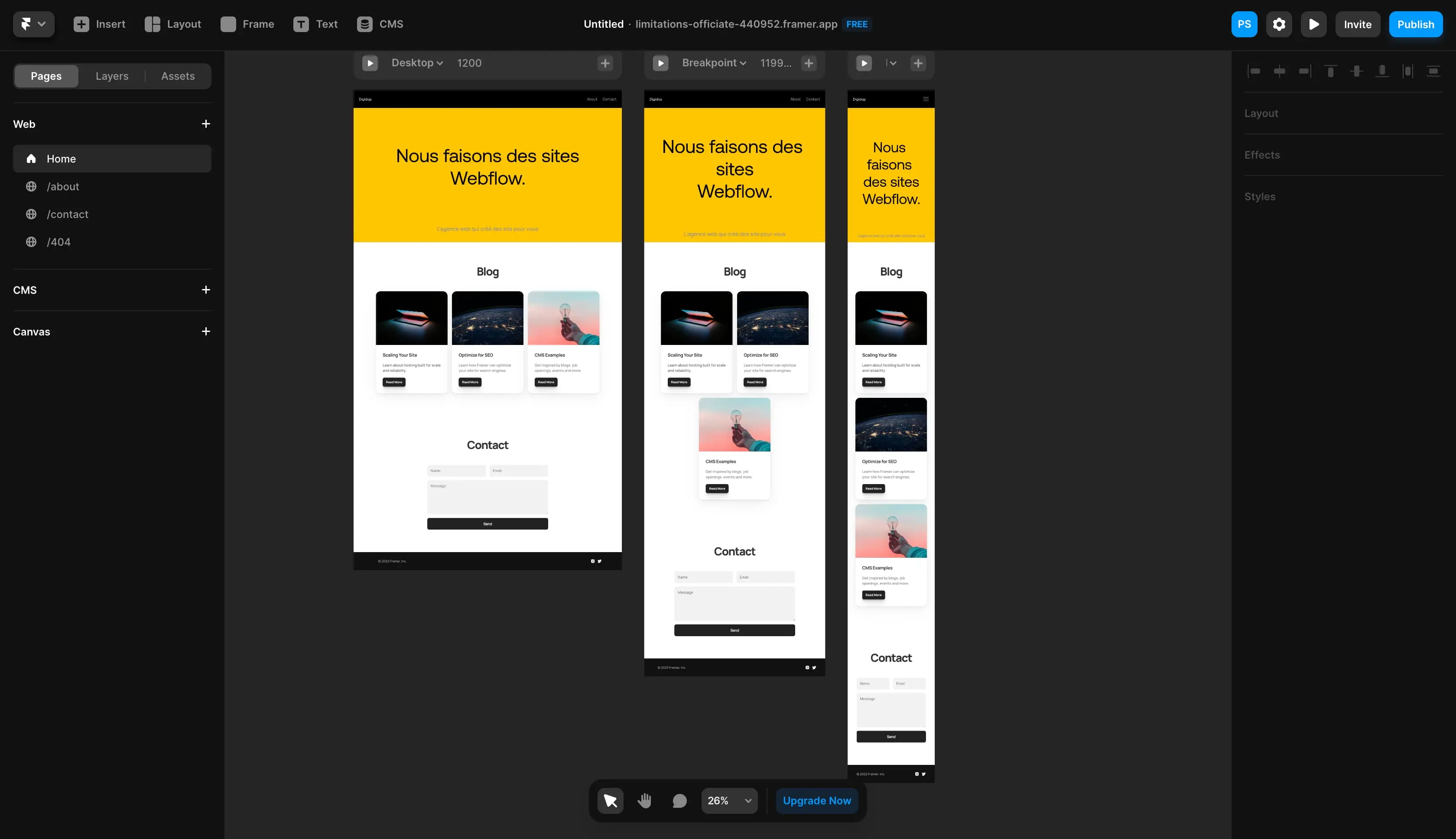 interface de criação de site no Framer com recursos de design SEO e IA