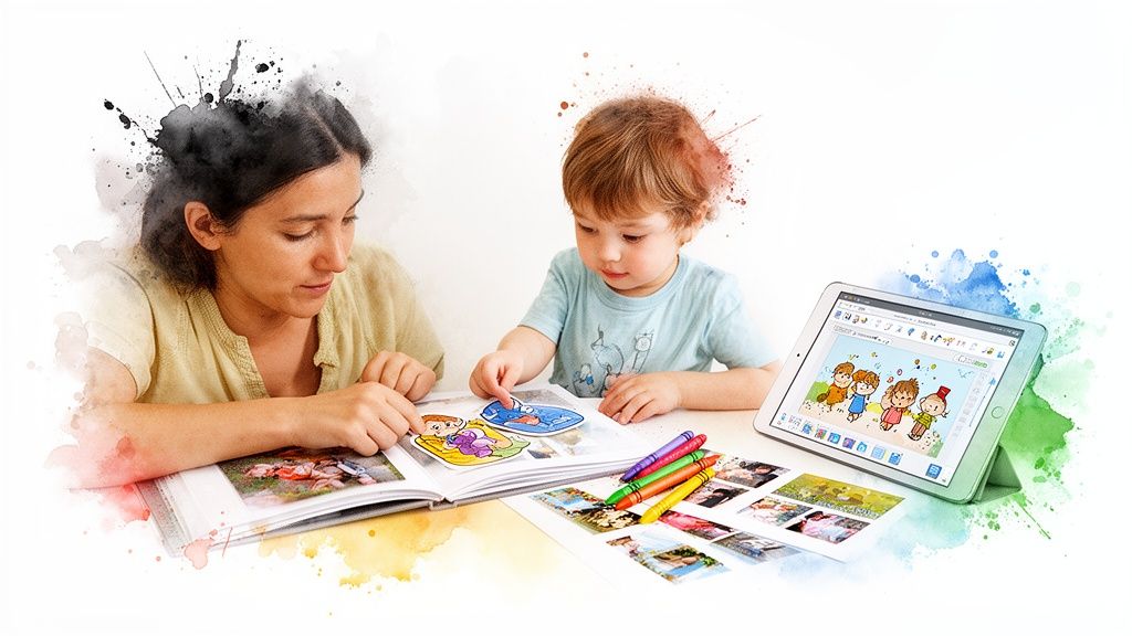 A woman and child making a photo album together with stickers, crayons, and a tablet displaying cartoons.