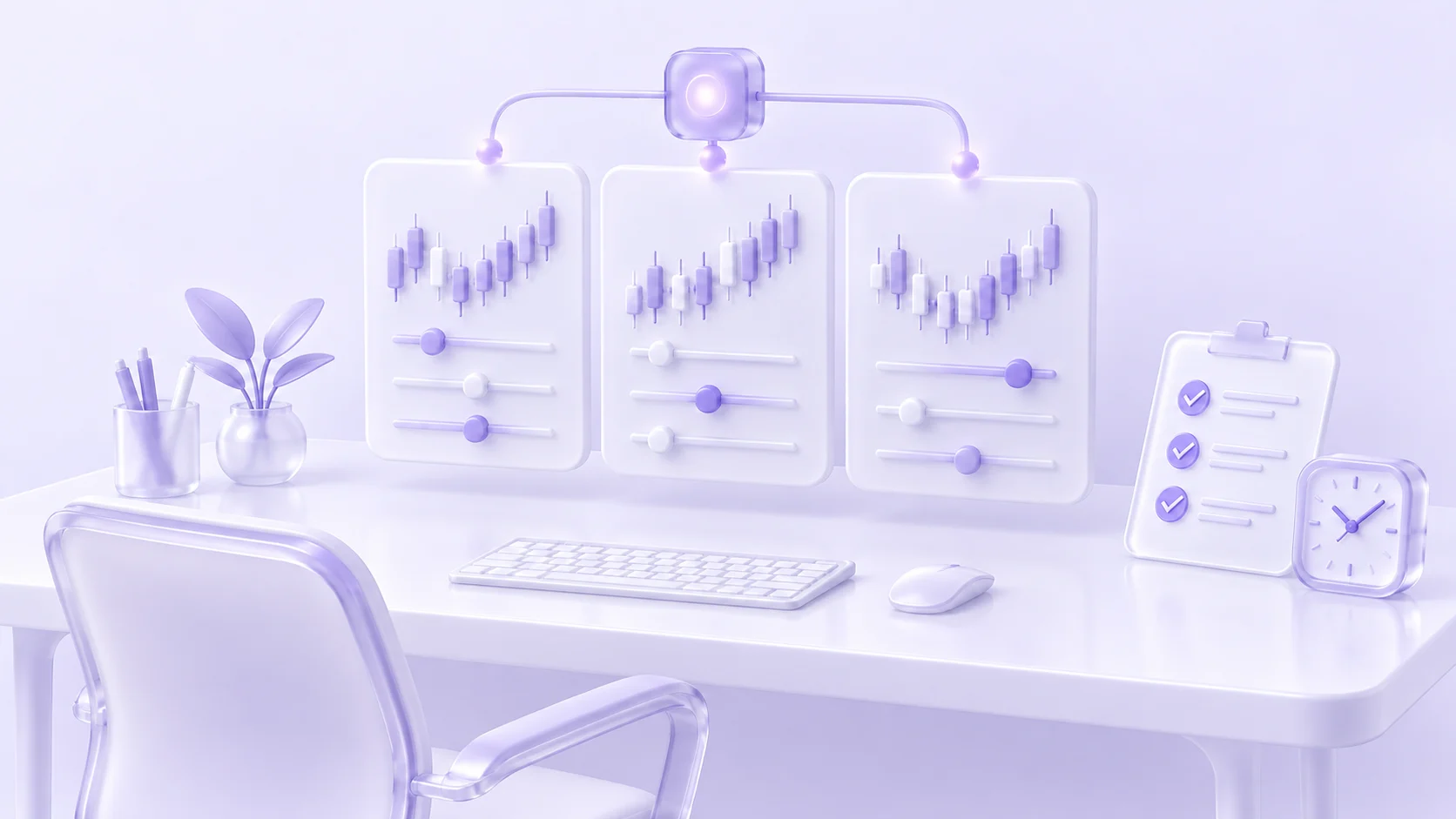 A conceptual empty workstation with three account panels, a clock and checklist