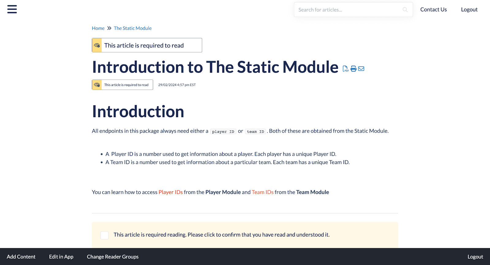 A screenshot of a public knowledge base article hosted by KnowledgeOwl that is titled, "Introduction to The Static Module."