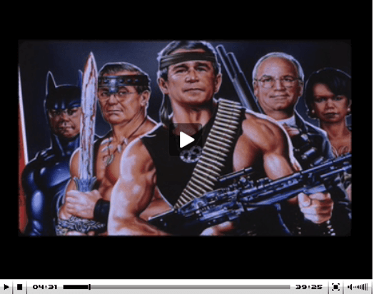 A colored movie sequence of different known heroes wearing the heads of known American officials.