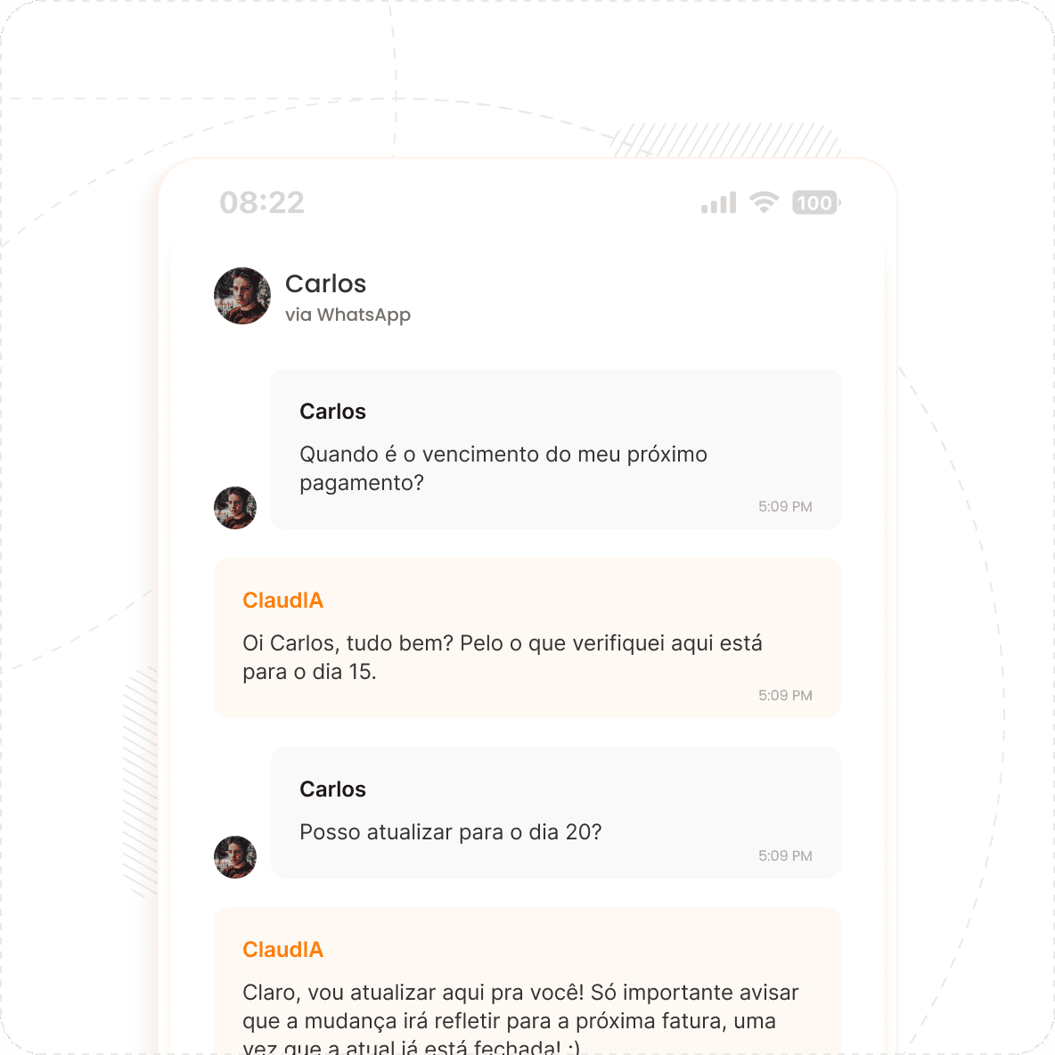 Atendimento automatizado da ClaudIA via WhatsApp sobre vencimento de pagamento.