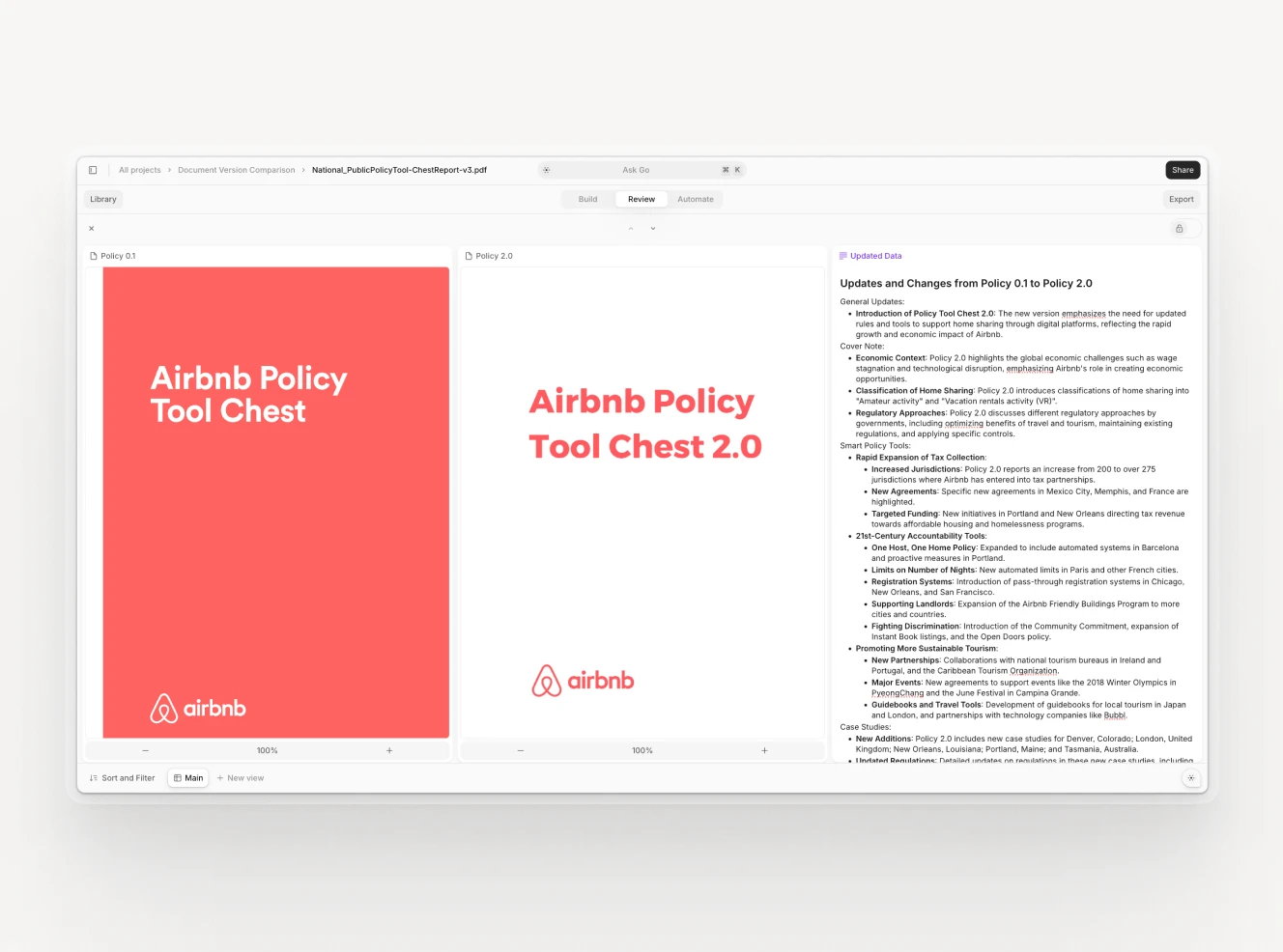 Airbnb Policy Tool Chest comparison interface displaying updates from Policy 0.1 to Policy 2.0 with highlighted changes.