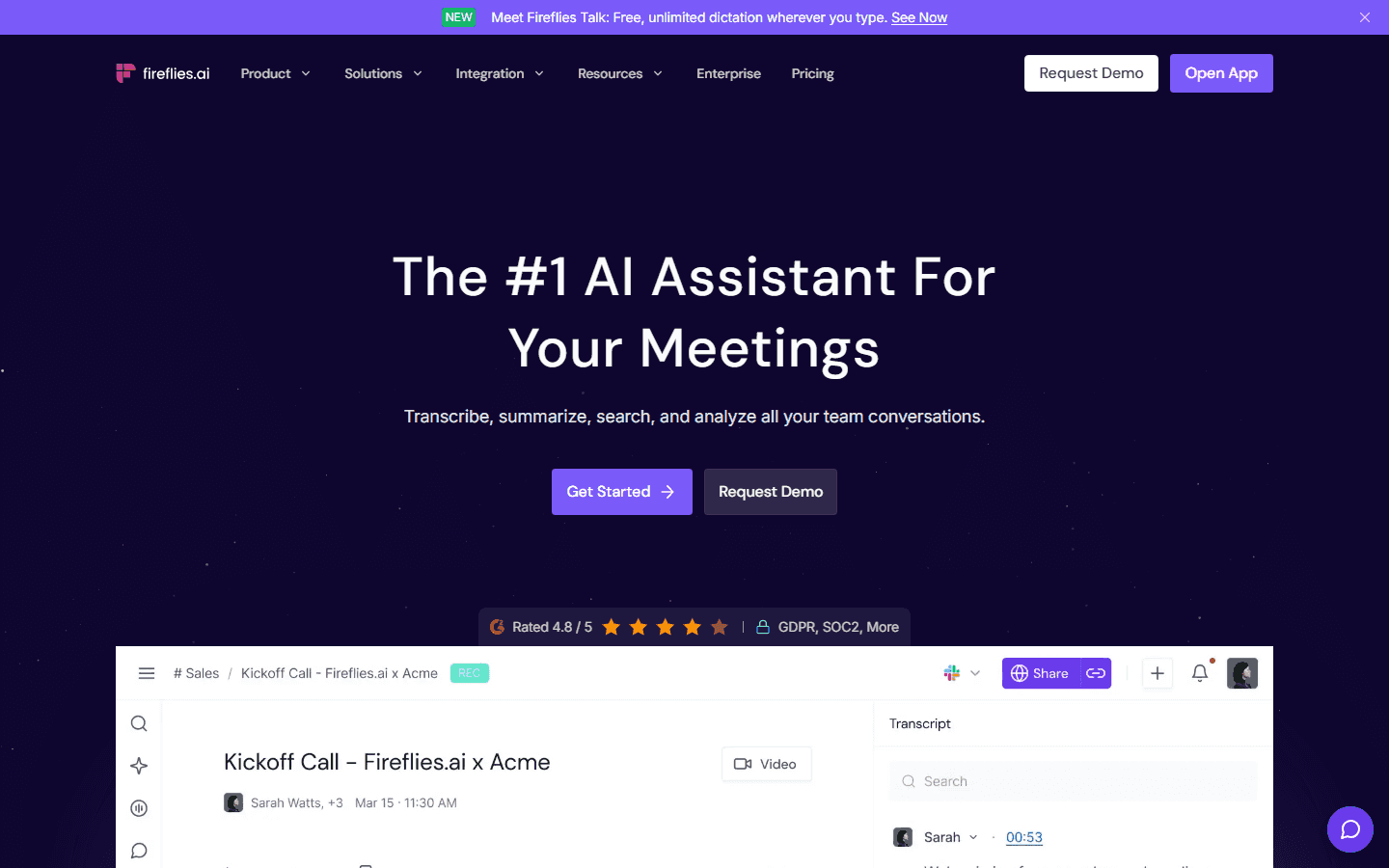 The Fireflies.ai homepage, headlined "The #1 AI Assistant For Your Meetings," above a recorded kickoff call with its transcript.