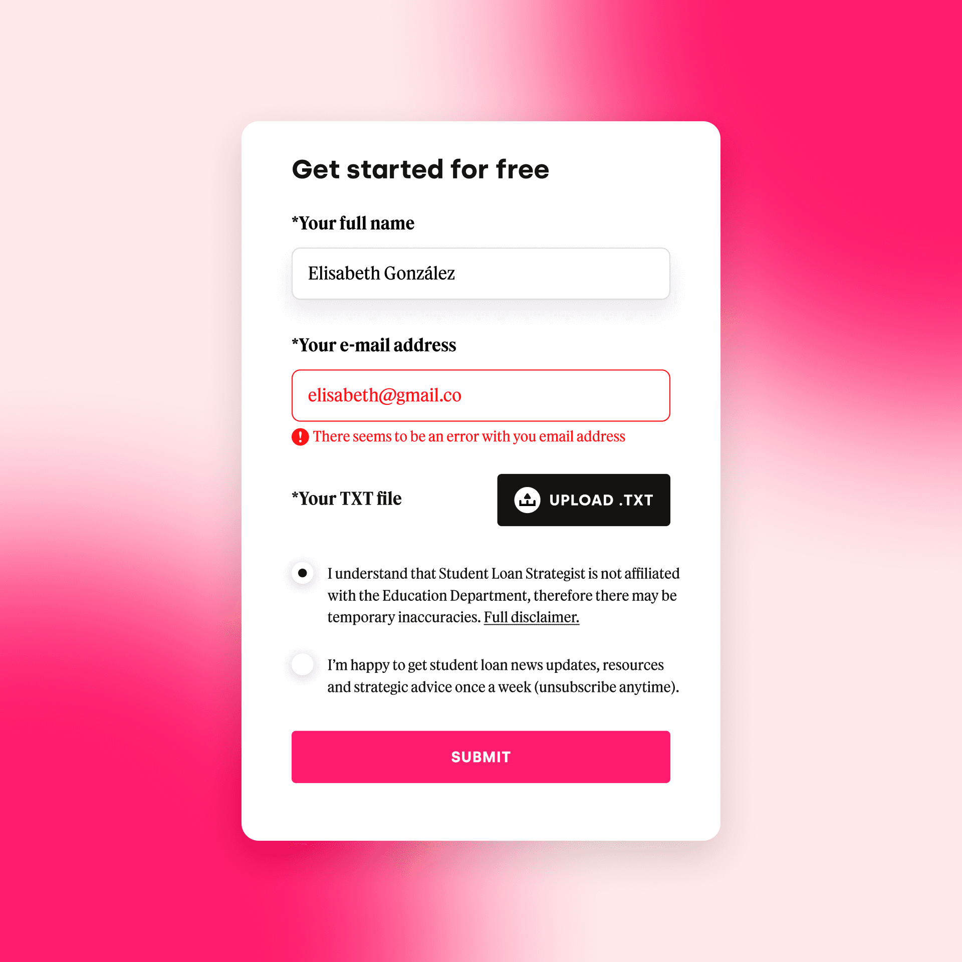 Student Loan Strategist Getting started form.