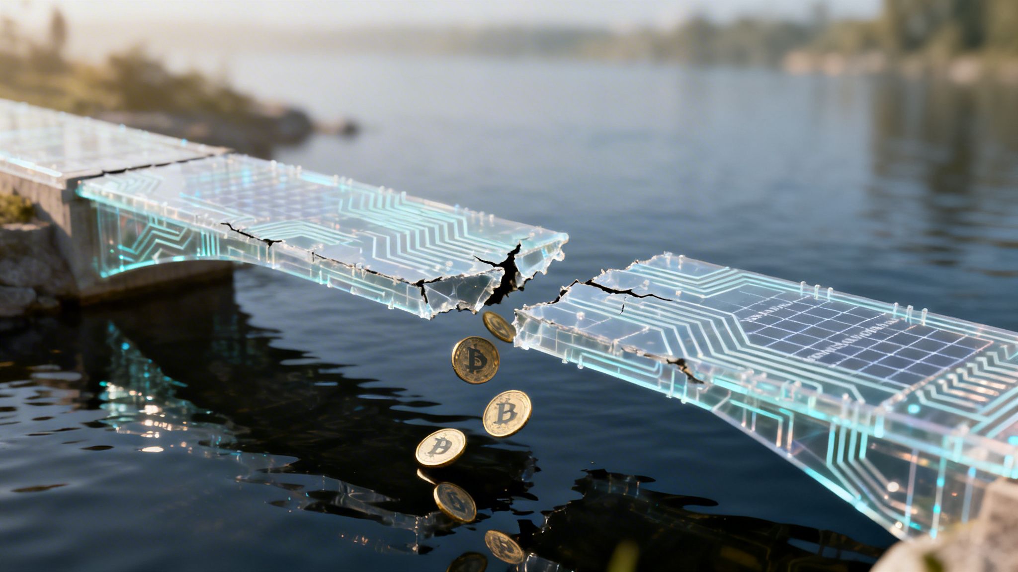 Bitcoin coins fall from a broken digital bridge over water, symbolizing risk.