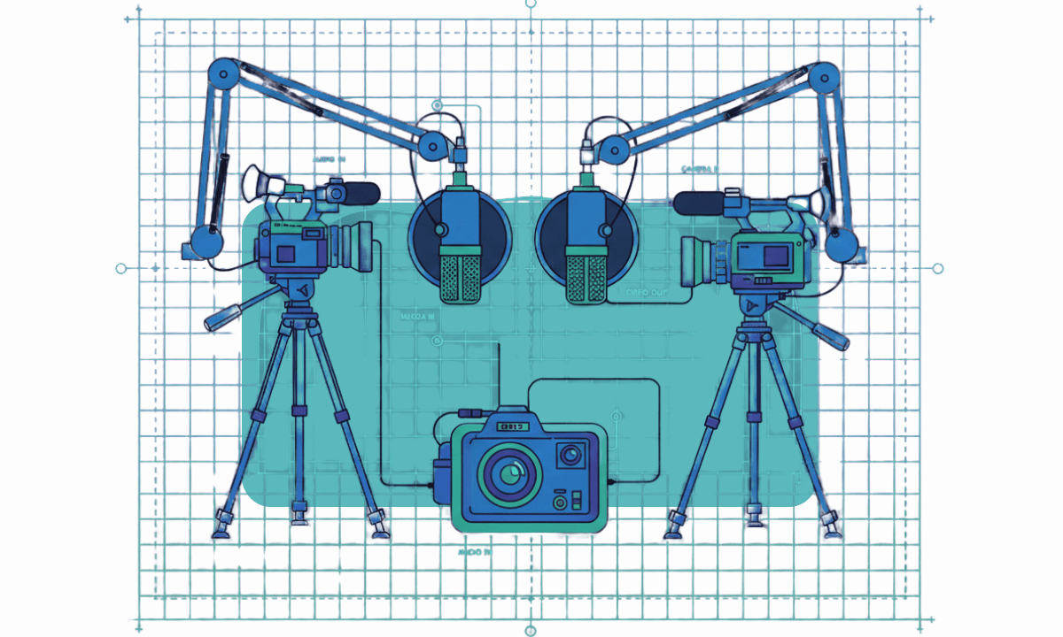 Top-down blueprint-style diagram of a multi-camera video podcast setup with cameras, microphones, and lighting placements.