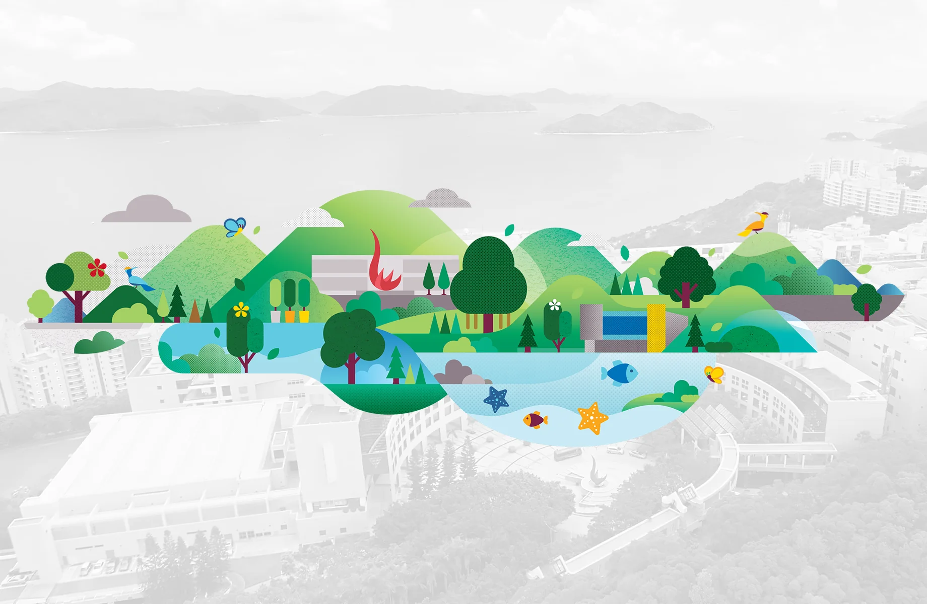 HKUSTours campaign key visual – vibrant geometric illustration of Clear Water Bay campus natural heritage with green-blue tones, designed by Teatime Studio.