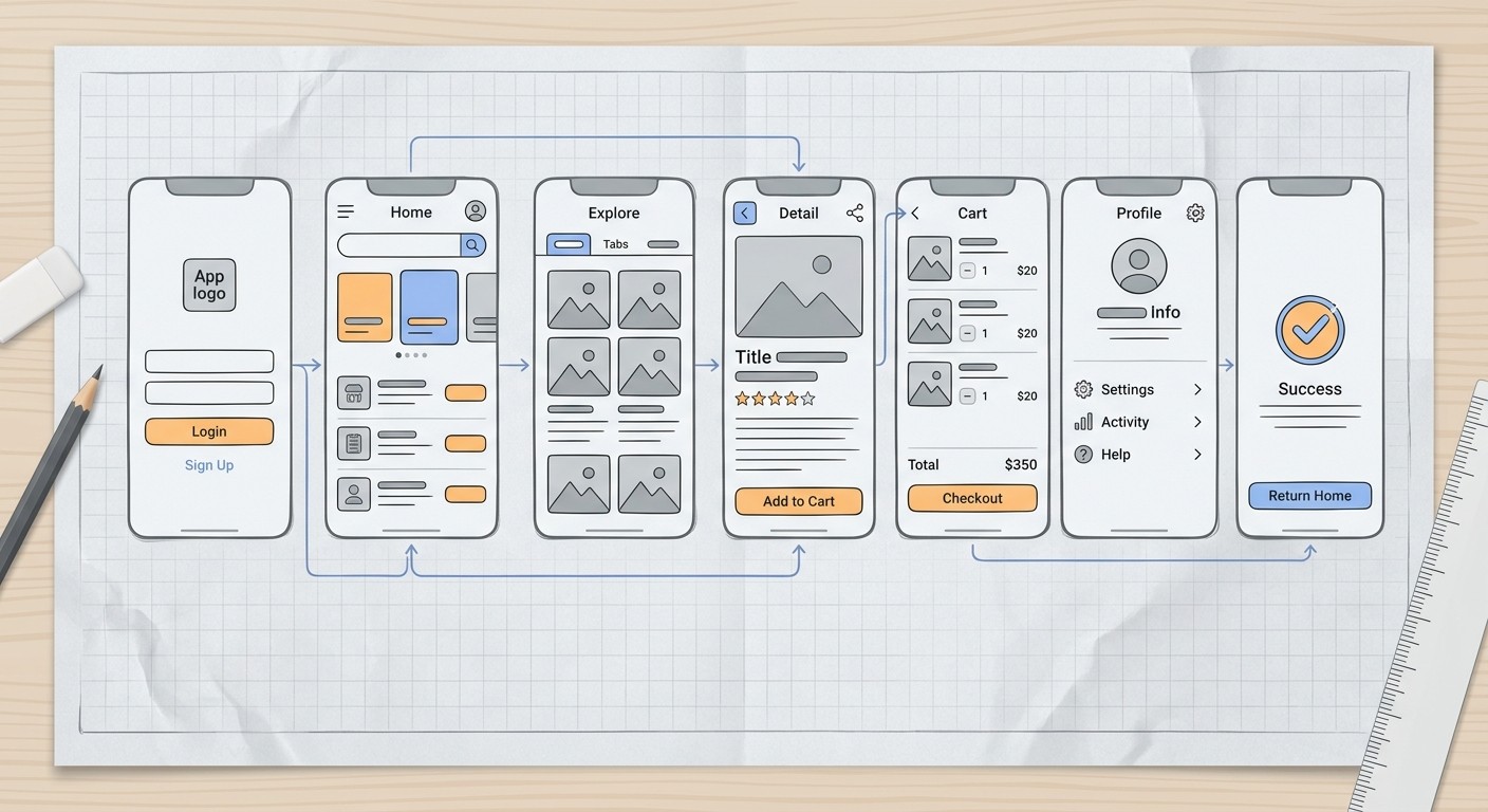 Hand-drawn app wireframe sketches mapping out the layout and flow of mobile app screens
