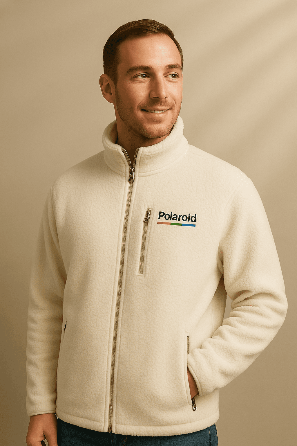 Homme portant une veste polaire zippée Polaroid crème avec un logo multicolore, posant contre un fond beige.