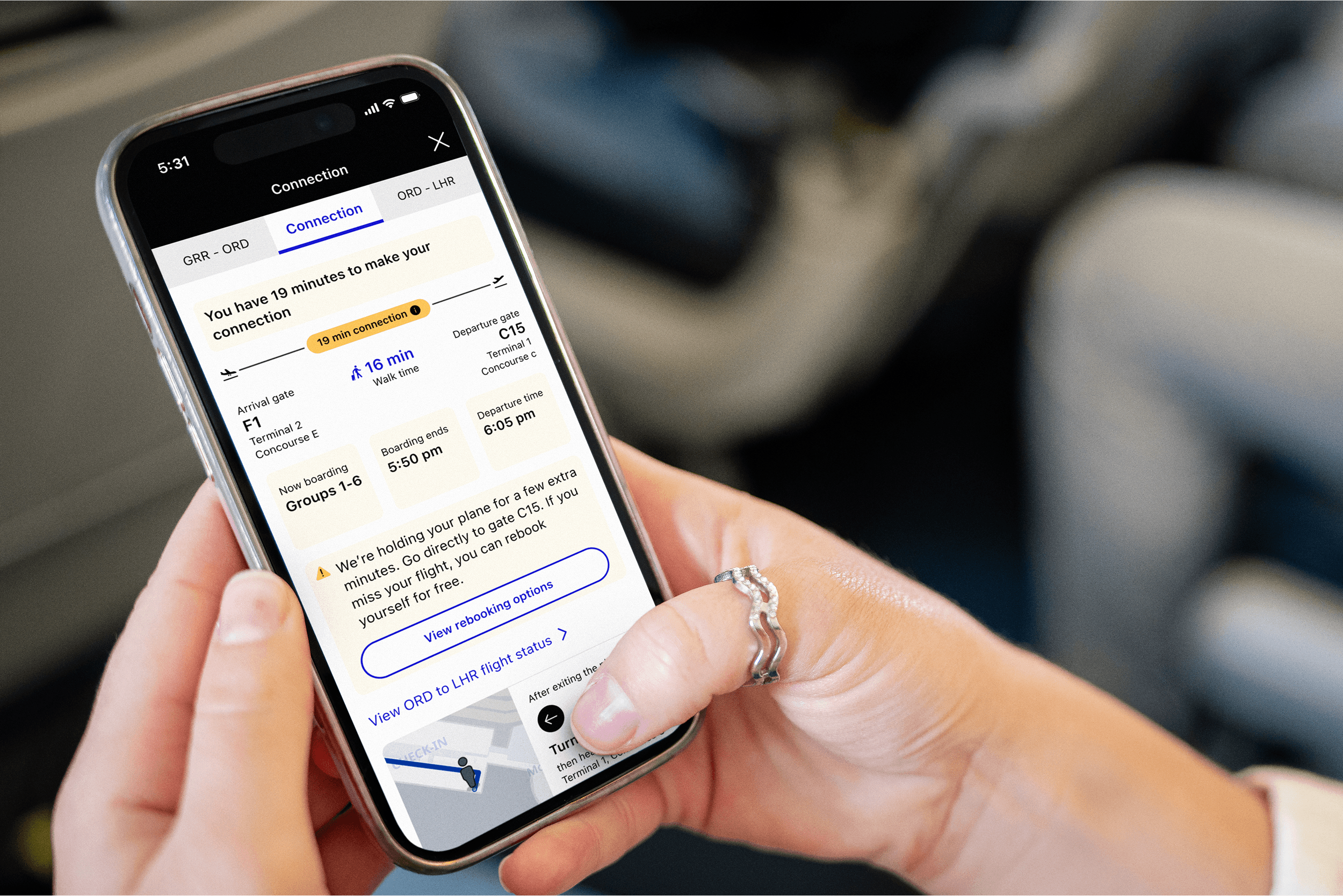 United Airlines's mobile app showing Connection Saver tool