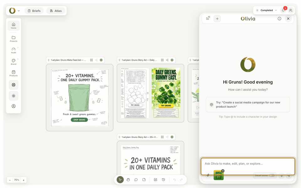 Olivia AI website and creative tool turning one typed brief into three on-brand 9:16 Story ad directions